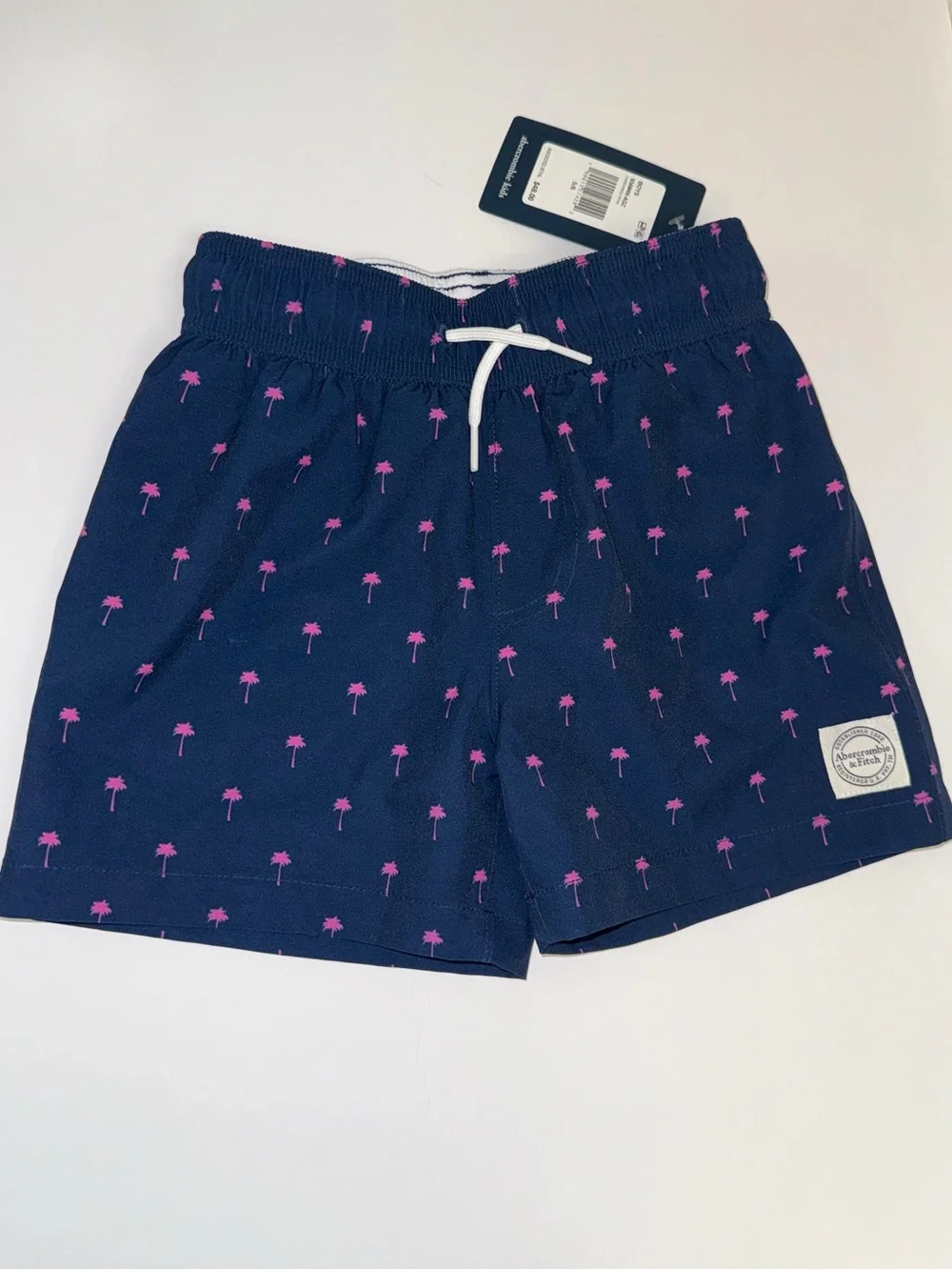 abercrombie kids Navy Swim Trunks with Pink Palm Tree Print